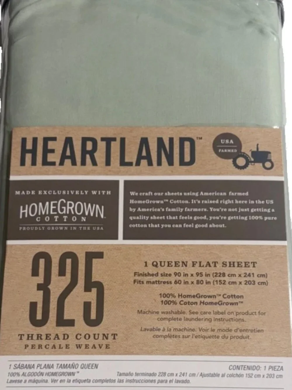 new LIGHT GREEN Heartland 325 TC 100% Cotton Percale-Weave QUEEN Flat Sheet
